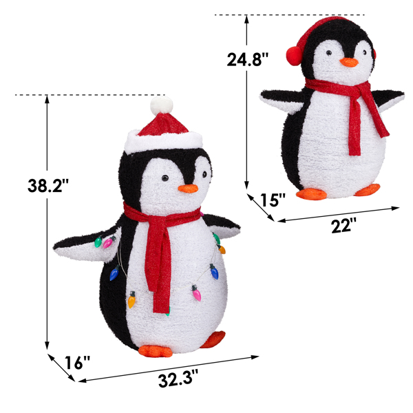 2-Piece Lighted Plush Penguins Christmas Yard Decorations, Set of 2 Pre-lit Pull Up Penguins with 150 Warm White LEDs, Multi-color Light String and Stakes for Xmas Outdoor Holiday Indoor Decor