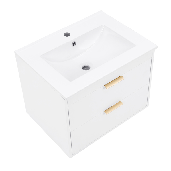 24" floating wall mounted bathroom vanity with white ceramic sink and drawer storage 