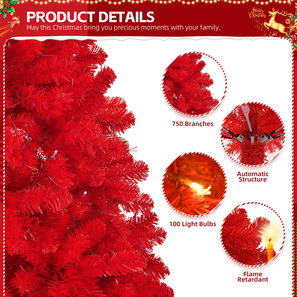 6 FT Artificial Christmas Tree with DIY 100 Warm Lights Battery Operated, 750 Branch Tips and Sturdy Metal Stand, Red