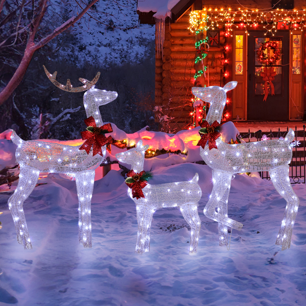 3-Piece Lighted Christmas Reindeer Family Set Outdoor Decorations, Weather Proof 2D Deer Family Set of 3 Christmas Ornament Home Decor Pre-lit 200 LED White Lights with Stakes, White