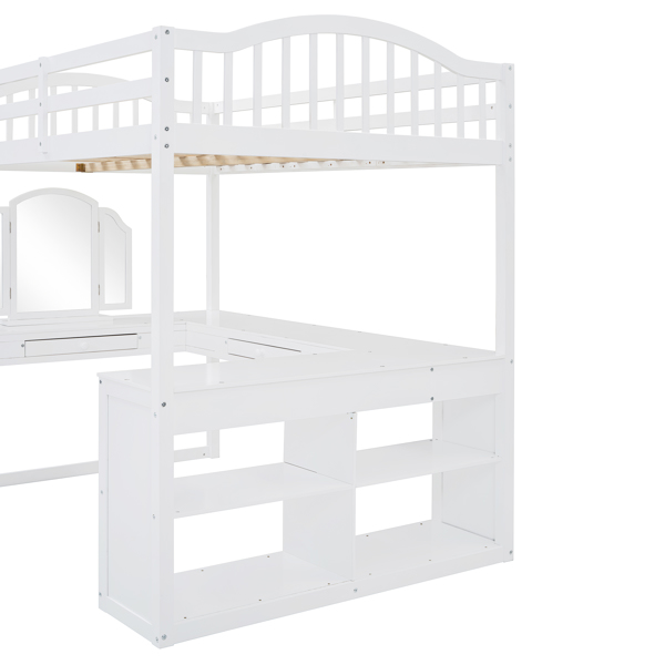 Full Wooden Loft Bed with U-shaped Desk,Storage Compartments and Tri-fold Mirror, White 