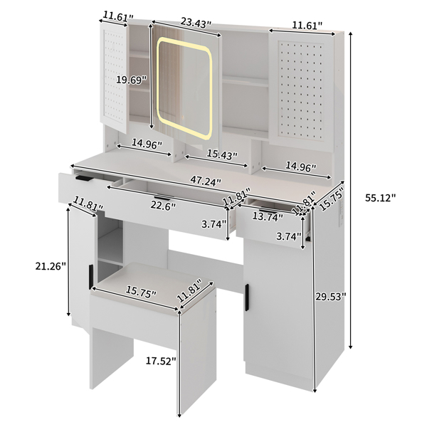 Large Vanity Table Set with LED Lighted Mirror and 2 DIY Pegboards, 5 Hooks, Vanity Desk with Charging Station, Makeup Table with Drawers, Storage Shelves and Cabinets, Cushioned Stool for Bedroom