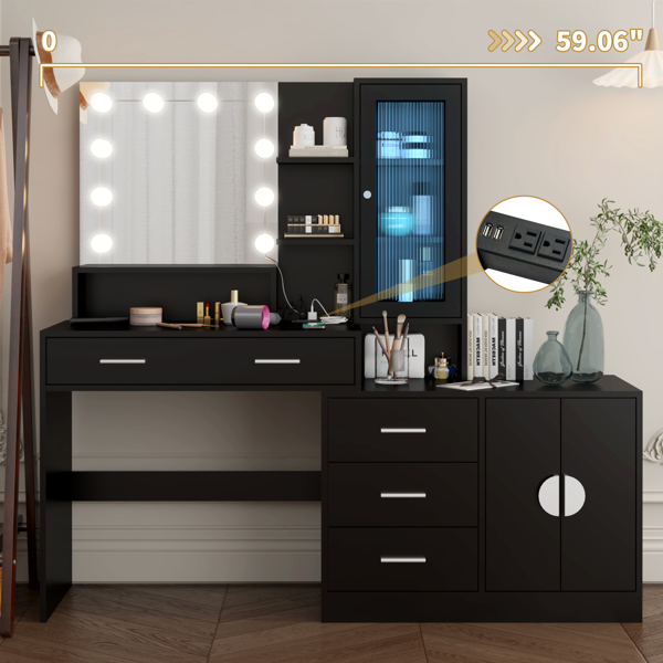 Large Makeup Vanity with Lights, Vanity Table with Charging Station, Vanity Desk with Mirror and 10 LED Light Bulbs, Makeup Table with Drawers and Storage Shelves and Cabinets, Black