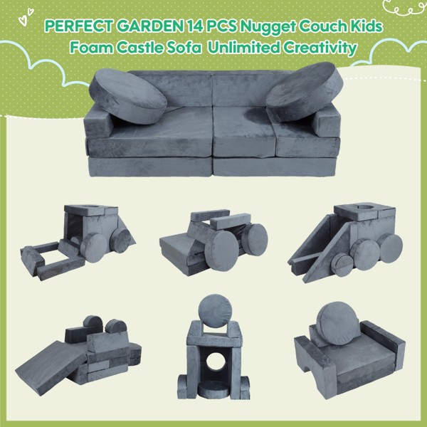 14 pcs Kids Sofa Modular Play Couch Convertible Toddlers Couch Set Furniture Sofa Set for Bedroom and Playroom,Grey