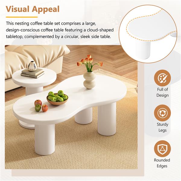 Easy Assembly Nesting Coffee Table Set of 2, Cream Style Cloud Coffee Table with Round Small Side Table,  Irregular Center Table with Thick Legs for Living Room, White, 39.3''x 13.7'',Φ15.7''