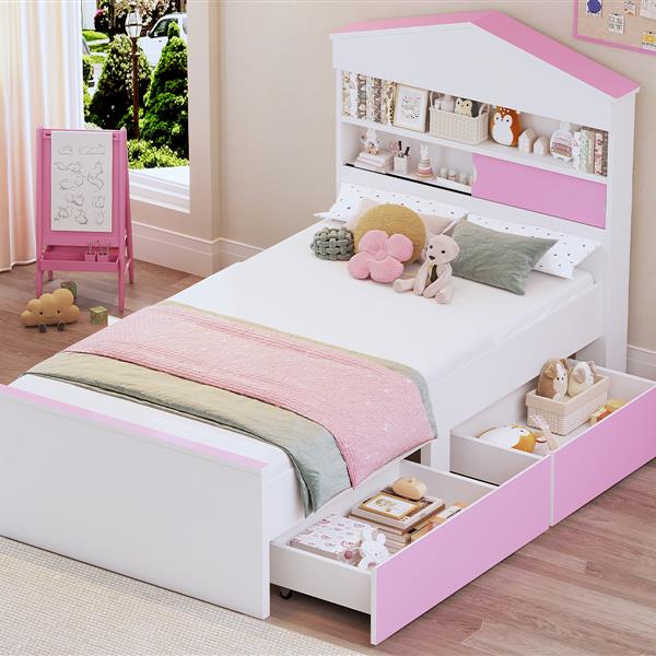 Twin Size House-Shaped Wooden Bed with Storage Shelf on the Headboard, Built-in Two Storage Drawers, Pink