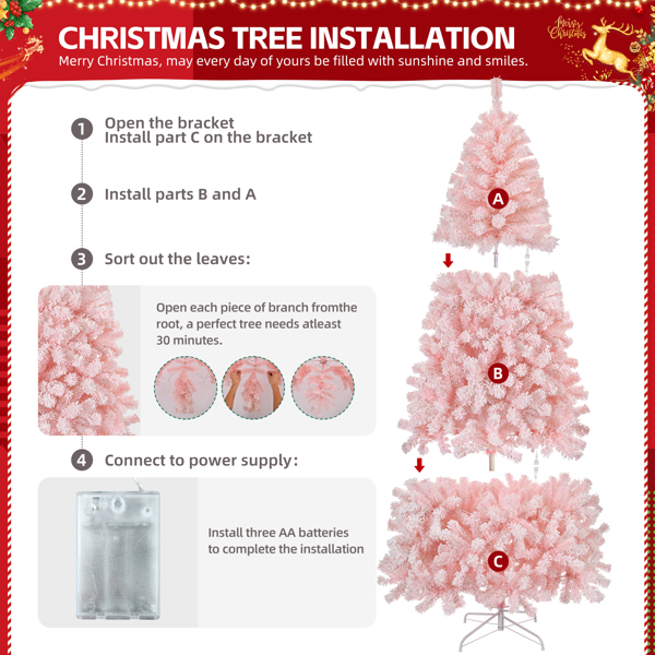 6 FT Artificial Christmas Tree with DIY 100 Warm Lights Battery Operated, 750 Branch Tips and Sturdy Metal Stand, Pink