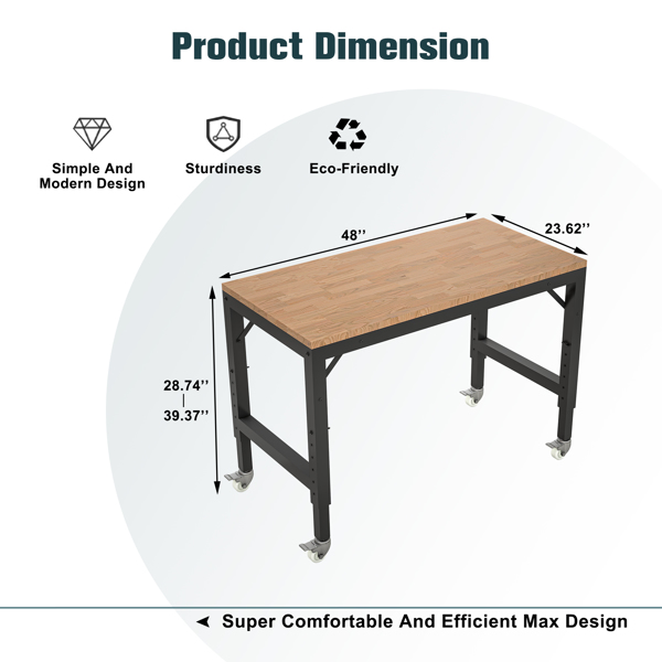 48" Heavy-Duty Adjustable Workbench for Garage, Rubber Wood Shop Table with Metal Wheels, Hardwood Work Benches over 2000 Lbs Capacity with Wheels