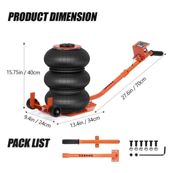 Air Jack, 3 Ton/6600 lbs Triple Bag Air Jack, Air Bag Jack Lift Up to 15.75 Inch, 3-5S Fast Lifting Air Bag Jack for Cars with Adjustable Long Handle