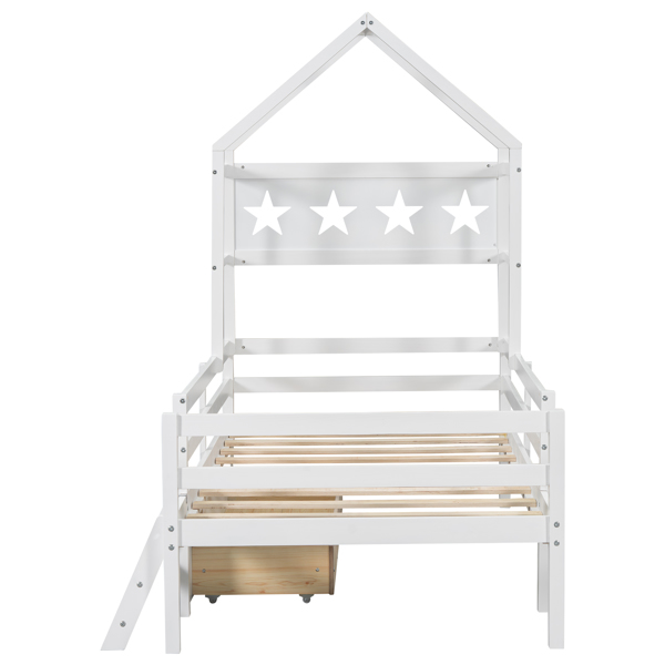 Wood Twin Size House Platform Bed with Guardrail and Drawer, White 