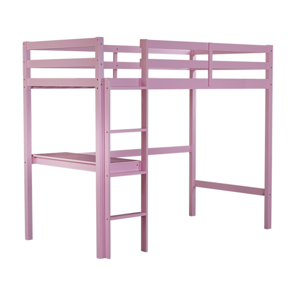 Twin High Loft Bed, Rubber Wood Loft Bed with Safety Guardrail, built-in desk, ladder,Pink 