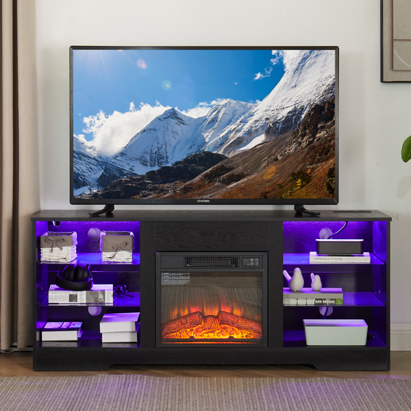 TV Stand Electric Fireplace Glass Shelves, 3D Fireplace TV Stand with LED Lights Wood with USB Charging Outlet Modern Television Table Center for TV up to 62" Black 58''W*15.5''D*24.4 