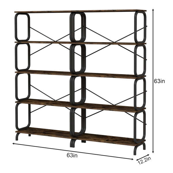 5 Tier Large Book Shelf, Bookcase Home Office Open Bookshelf,Shelves for Living Room, Office Shelf,Vintage Industrial Style Bookshelf with Metal Frame,Rustic Brown 