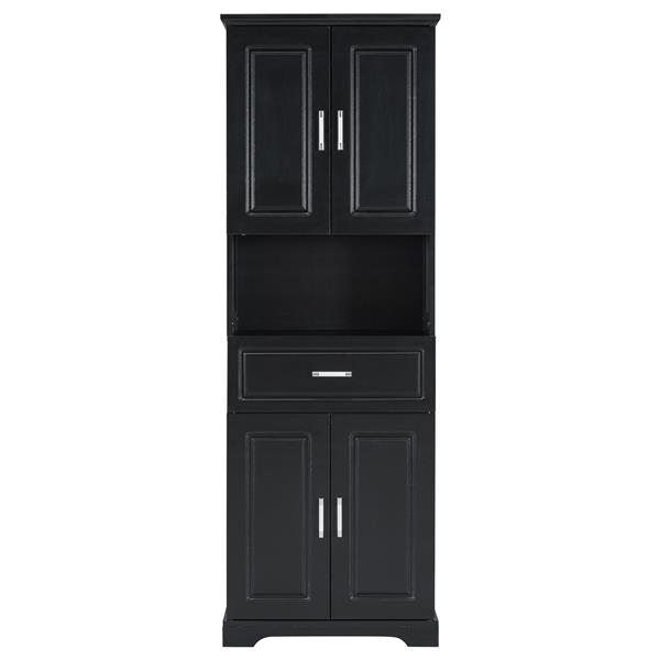 Tall Bathroom Cabinet with Four Doors, Large Storage Space Open Shelve, Upper Storage Cabinet, Black