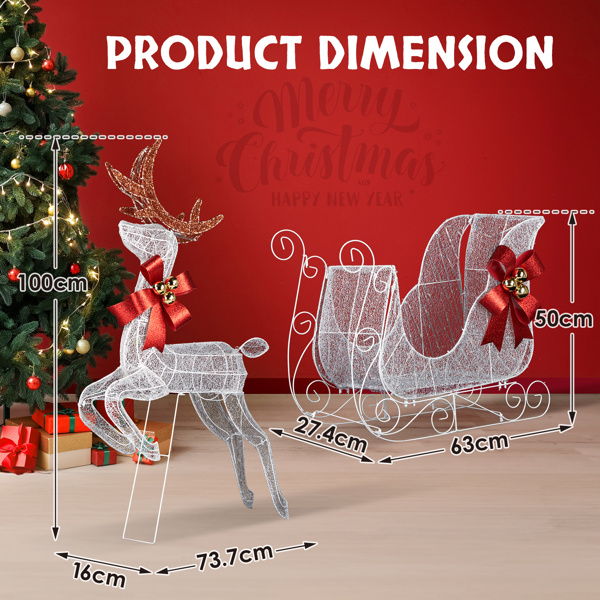 3-Piece Lighted Set of 2 Reindeer & Sleigh, Weather Proof Christmas Outdoor Decorations with Pre-lit 270 LED White Lights and Stakes for Xmas Outdoor Holiday Indoor Decor Lighted Holiday Displays