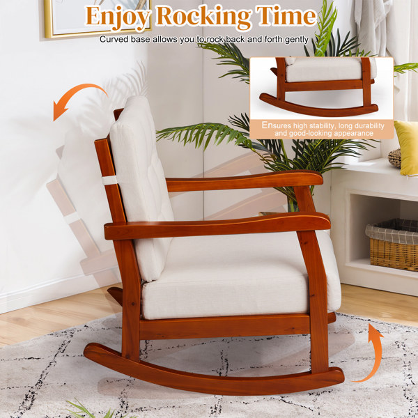 Outdoor Wood Rocking Chair with Detachable Washable Cushions, Patio Rocker with Inclined Backrest, Solid Fir Wood Rocker for Patio Porch Backyard Balcony Poolside, Teak