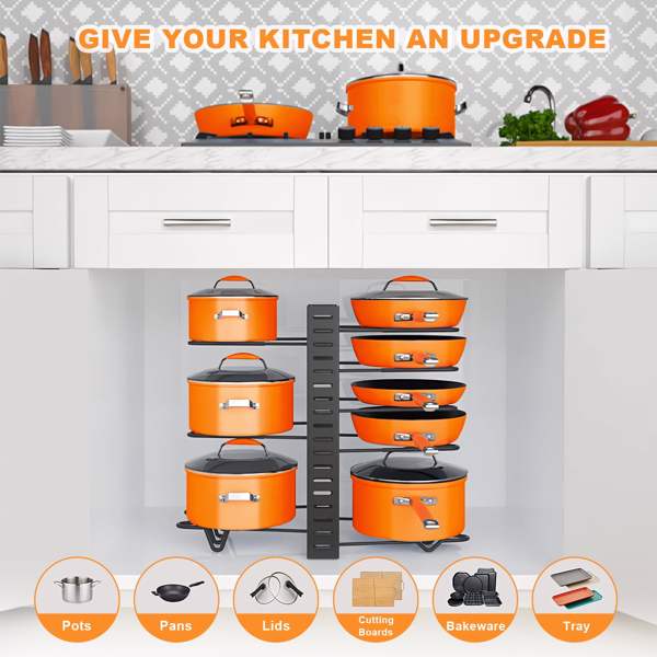 Pot Organizer Rack 8 Tiers Pots and Pans Organizer, Pot Lid Organizer for Kitchen Cabinet Cookware Organizers and Storage,Upgraded