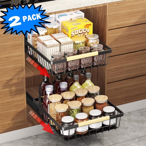 2 Pack Pull Out Cabinet Organizer, Metal Slide Out Drawers for Cabinets, Sliding Drawers Adhesive Nano Film Roll out Shelf for Kitchen Pantry Bedroom