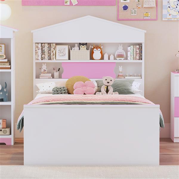 Twin Size House-Shaped Wooden Bed with Storage Shelf on the Headboard, Built-in Two Storage Drawers, Pink