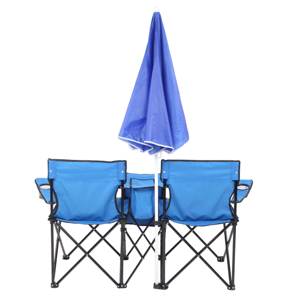 Portable Outdoor 2-Seat Folding Chair with Removable Sun Umbrella Blue