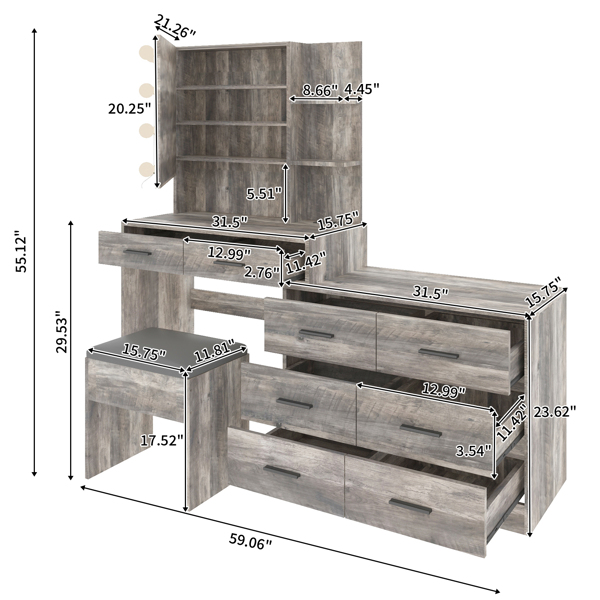 Large Makeup Vanity with Lights, Vanity Table with Charging Station, Vanity Desk with Mirror and 10 LED Light Bulbs, Makeup Table with Drawers and Storage Shelves, Gray