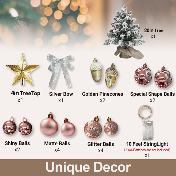 22in Mini Christmas Tree with Lights, Rose Gold Artificial Small Tabletop Christmas Tree with Flocked Snow, Exquisite Decor & Xmas Decorations for Table Top for Home & Office