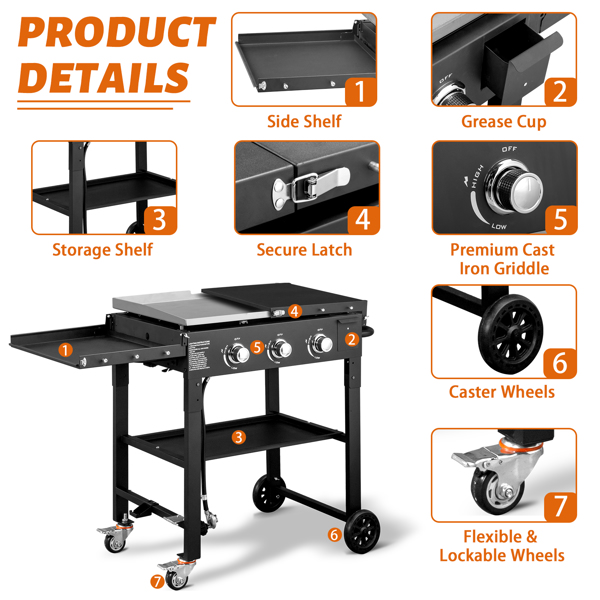 Foldable 3-Burner Flat Top Gas Griddle Cooking Station, Propane Fuelled Griddle Station with Side Shelves for Outdoor Barbecue Backyard Cookout