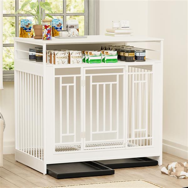 43.3 inch Dog Crate Furniture for Large Dogs,Wooden Dog Crate with Divider,Double Door Dog Kennel with Three Drawers Storages,Heavy Duty Dogs Decorative Pet House for Large Medium Dogs ,White