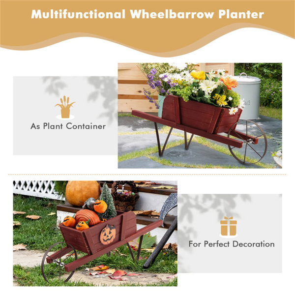 2 In 1 Wheelbarrow Planter，Wooden Wagon Planter with 9 Magnetic Accessories for Garden Yard