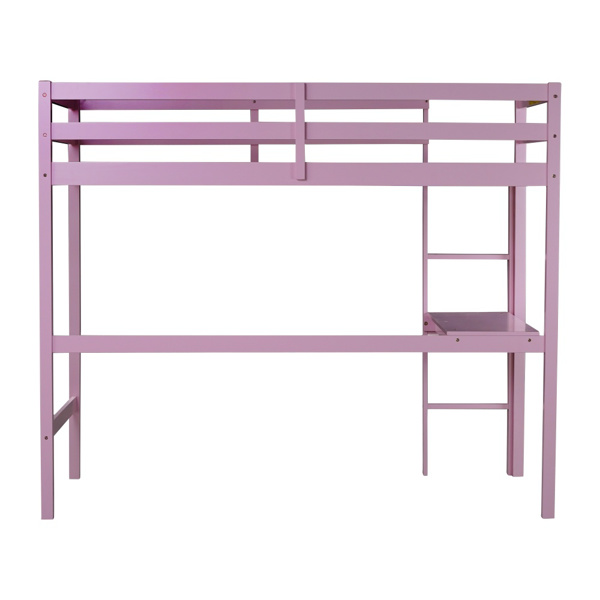 Twin High Loft Bed, Rubber Wood Loft Bed with Safety Guardrail, built-in desk, ladder,Pink 