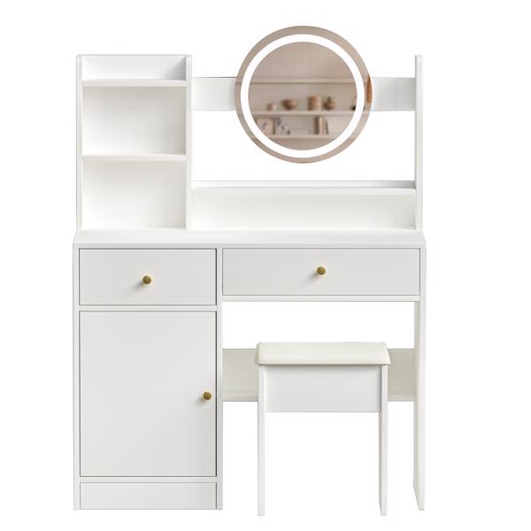 Fashion Vanity Desk with Mirror and Lights for Makeup and Cushioned Chair, Vanity Mirror with Lights and Table Set with 3 Color Lighting Brightness Adjustable,Dressing table, White Color 