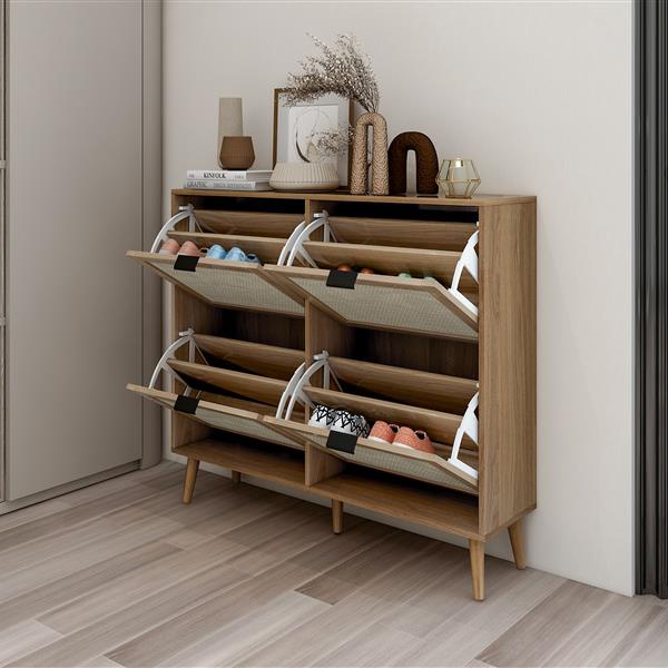 Natural Rattan 4 Door Shoe Rack, Freestanding Modern Shoe Storage Cabinet, for Entryway