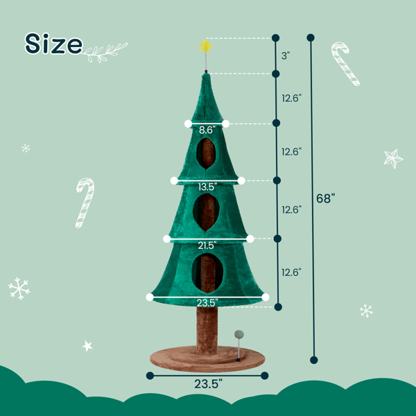 65in Large Tall Christmas Tree Cat Tower with 3 Cat Houses, Soft Fleece Cat Tree with  Teaser Toy & Sturdy Base & Built-in Openings for Indoor Cats