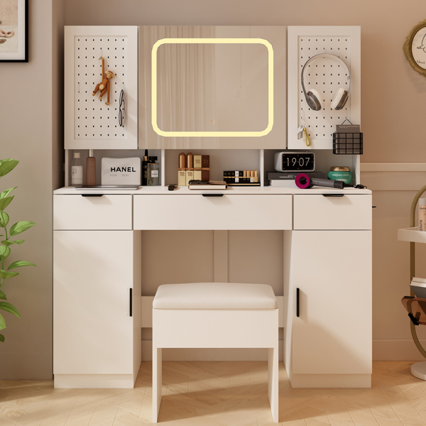 Large Vanity Table Set with LED Lighted Mirror and 2 DIY Pegboards, 5 Hooks, Vanity Desk with Charging Station, Makeup Table with Drawers, Storage Shelves and Cabinets, Cushioned Stool for Bedroom