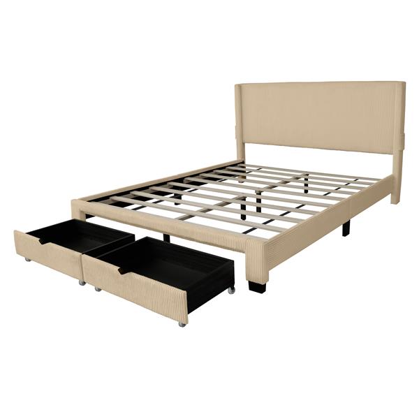 BEIGE QUEEN SIZE BED IN CORDUROY WITH WING DESIGN, PERFECT FOR ANY DECOR. TWO DRAWERS PROVIDE AMPLE STORAGE; IDEAL FOR BEDROOM COMFORT! NO BOX SPRING NEEDED; MATTRESS NOT INCLUDED.