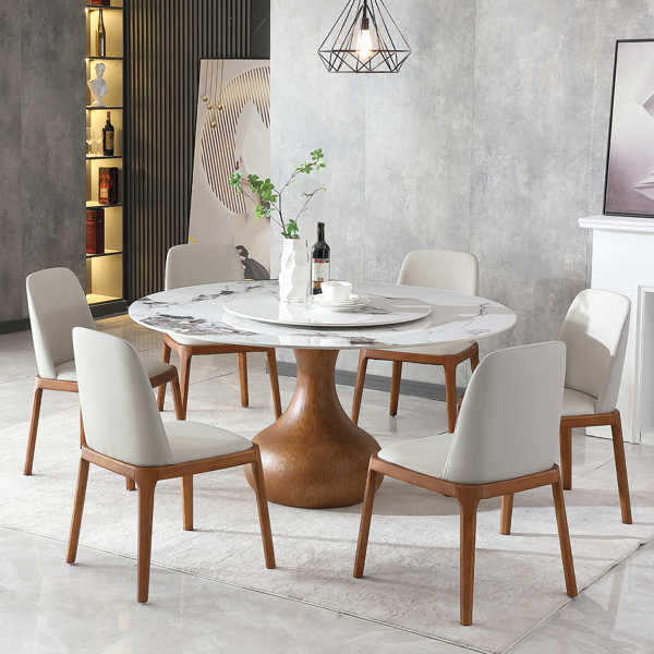 7pcs Modern Marble Dining Table, 59" Round Sintered Stone Table for Dining Room, Kitchen, Dinette, Compact Space With Lazy Susan(1table+6 chairs) -LTL item