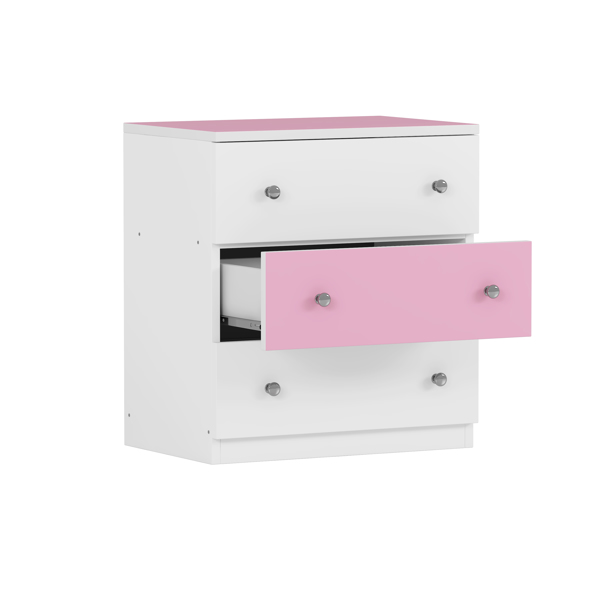 3-Drawer Wooden Nightstand with Colorblock Design and Plastic Handle, Wood Side Table with Storage Cabinet for Bedroom, White+Pink 