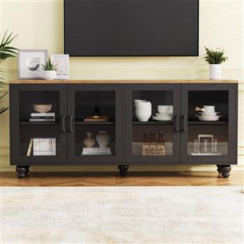 Farmhouse TV Stand with Tempered Glass Doors for TVs Up to 70\\", Versatile Sideboard with Adjustable Shelves, Elegant Buffet Cabinet with 5 Solid Wood Gourd-Shaped Legs for Living Room, Black