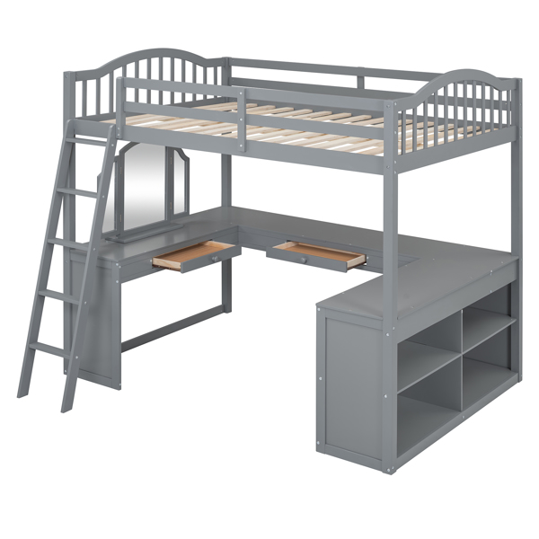 Full Wooden Loft Bed with U-shaped Desk,Storage Compartments and Tri-fold Mirror, Gray 