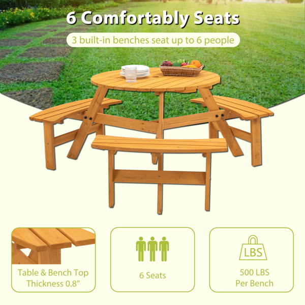 6-Person Outdoor Circular Wooden Picnic Table with 3 Built-in Benches for Patio Backyard Garden（Natural）