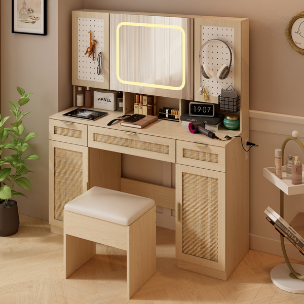 Large Vanity Table Set with LED Lighted Mirror and 2 DIY Pegboards, 5 Hooks, Vanity Desk with Charging Station, Makeup Table with Drawers, Storage Shelves and Cabinets, Cushioned Stool for Bedroom