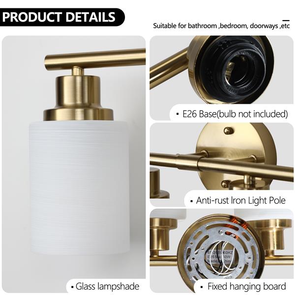 5-Light Golden Bathroom Vanity Light Fixture, Frosted Glass Shades, Modern Wall Mounted Lighting (No Bulbs)