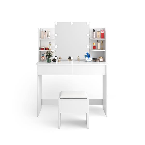 Modern Dressing table with 2 Drawers, 4 open shelves Rectangular Makeup Table with Mirror, 10-lamp bulb,,42.52*15.75* 52.76inch,for Bedroom