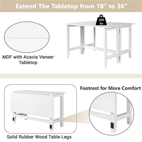 Farmhouse Wood Extendable Dining Table with Drop Leaf for Small Places, White