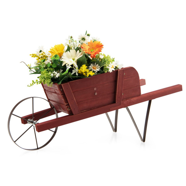 2 In 1 Wheelbarrow Planter，Wooden Wagon Planter with 9 Magnetic Accessories for Garden Yard