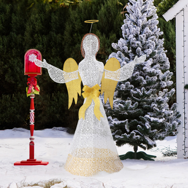 4.5FT Lighted Christmas Angel Outdoor Decoration, Weather Proof Angel with Wings Christmas Ornament Home Decor Pre-lit 200 LED White Lights with Stakes