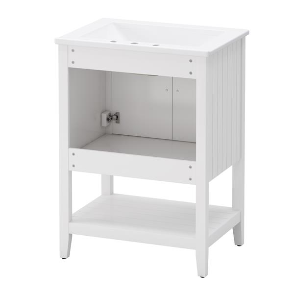 24" White Modern Sleek Bathroom Vanity Elegant Ceramic Sink with Solid Wood Frame Open Style Shelf