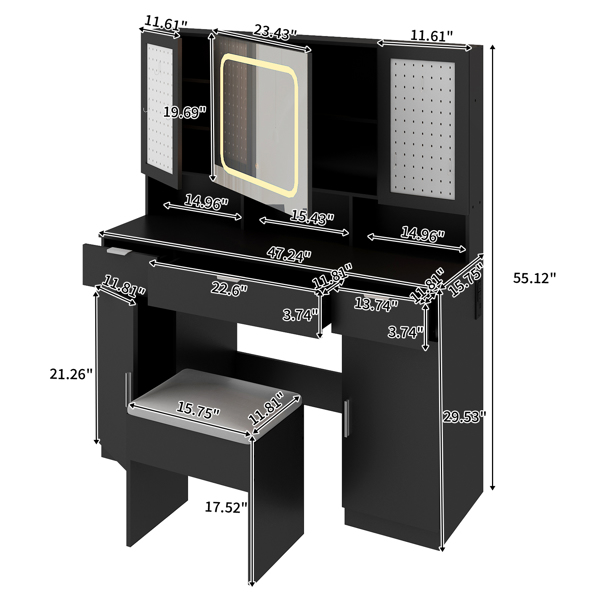 Large Vanity Table Set with LED Lighted Mirror and 2 DIY Pegboards, 5 Hooks, Vanity Desk with Charging Station, Makeup Table with Drawers, Storage Shelves and Cabinets, Cushioned Stool for Bedroom