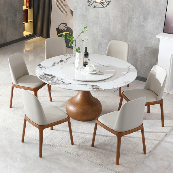 7pcs Modern Marble Dining Table, 59" Round Sintered Stone Table for Dining Room, Kitchen, Dinette, Compact Space With Lazy Susan(1table+6 chairs) -LTL item