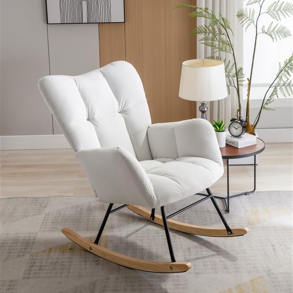 Mid Century Modern Velvet Tufted Upholstered Rocking Chair Padded Seat for Living Room Bedroom, White